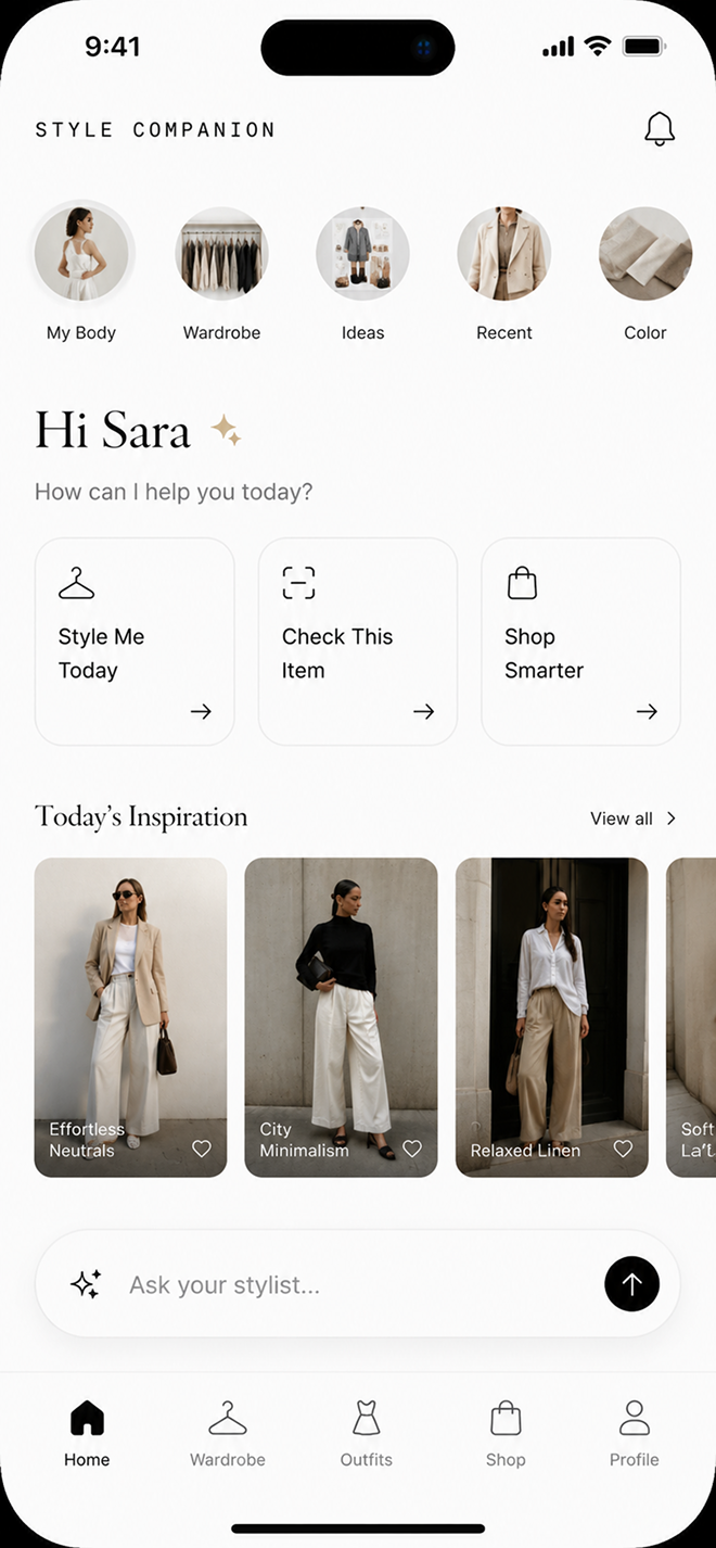Style Companion home screen with outfit shortcuts and daily inspiration