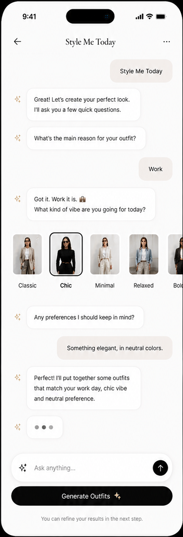 Style Companion AI chat flow guiding the user to an outfit recommendation
