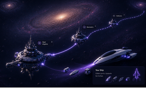Galaxy concept: a space station learning path against a galaxy backdrop