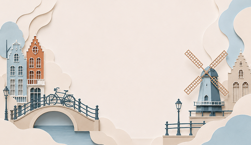 Paper concept: a papercraft-style village scene with a windmill and bridge