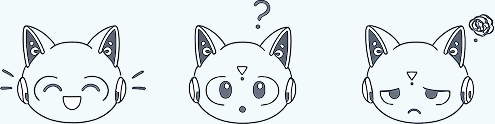 Three mascot face expressions: happy, curious, and unimpressed