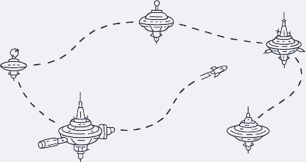A winding dashed path connecting space stations, traveled by a small ship