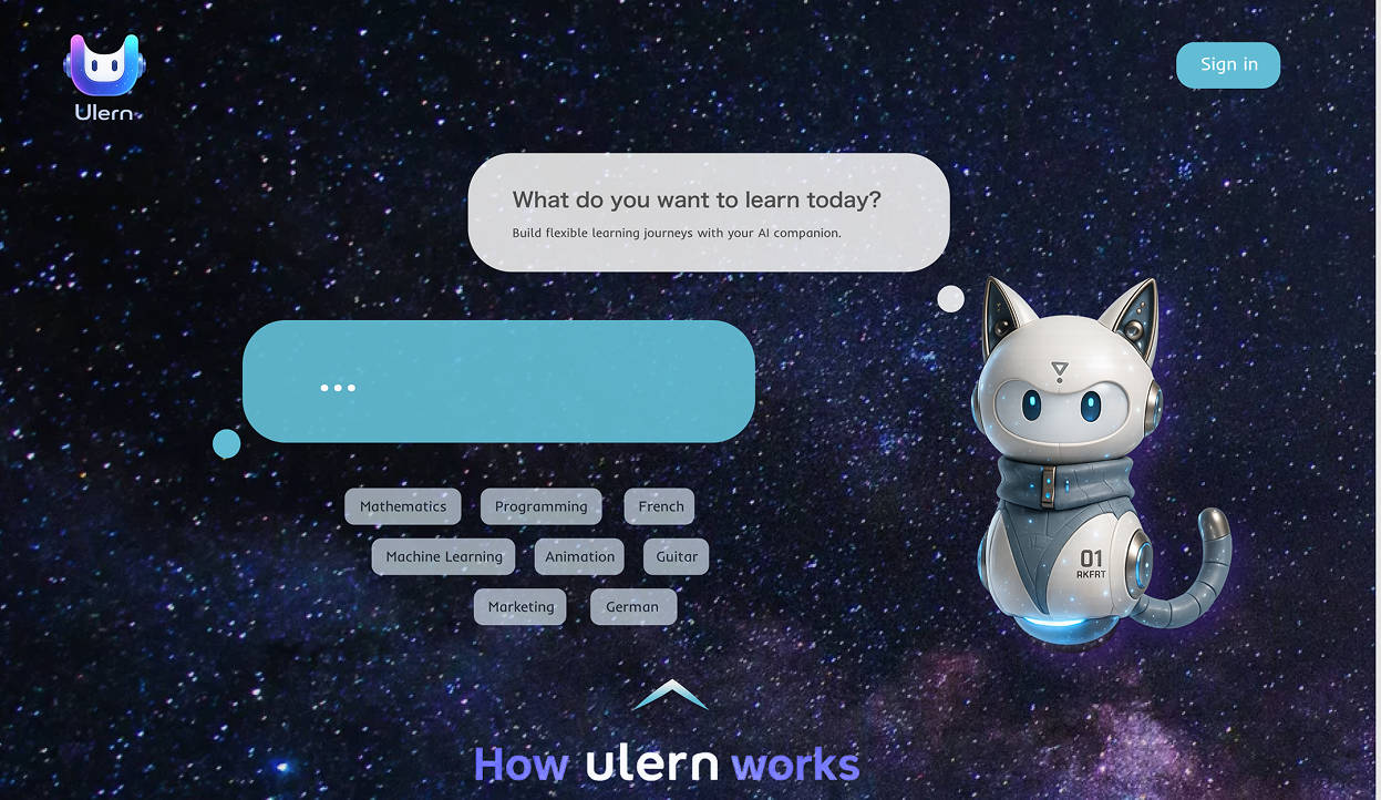 Ulern hero screen inviting the user to start a learning journey with the AI mascot